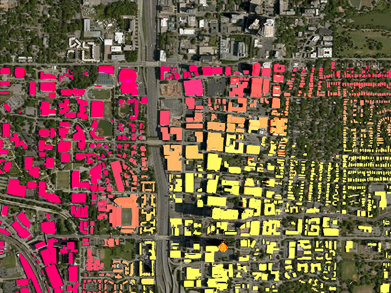 Heat map with red and yellow colors showing digitally connected parts of a city.