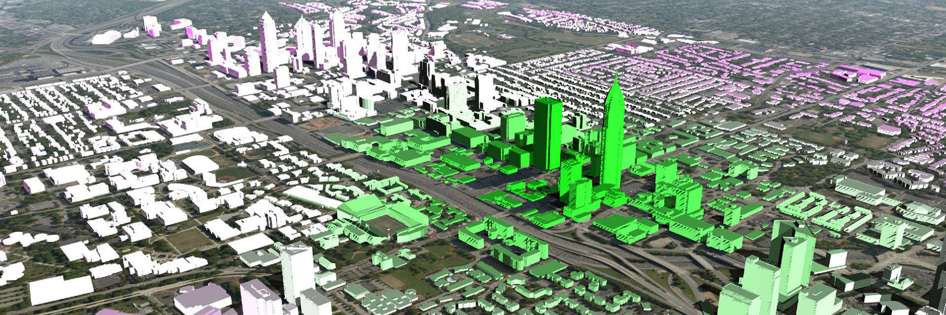 A "digital twin" rendering of an arial view of the buildings in downtown Atlanta.