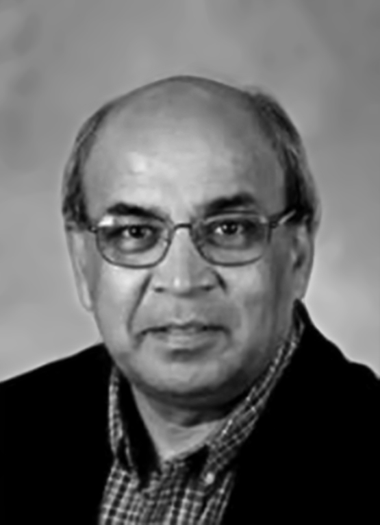 This is a grayscale portrait of Dr. Goel. He is looking towards the camera against a gray background.